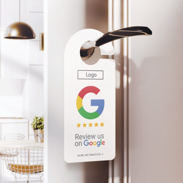 Review us on Google hotel door hanger with Google review QR code