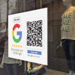Beoordeel ons op Google Sticker met QR-code rechthoekig met Google Review QR-code